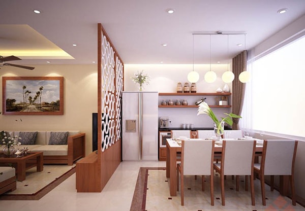 Vách ngăn bằng gỗ phân cách phòng khách và bếp