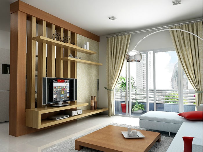 mẫu vách ngăn phòng khách và bếp bằng gỗ
