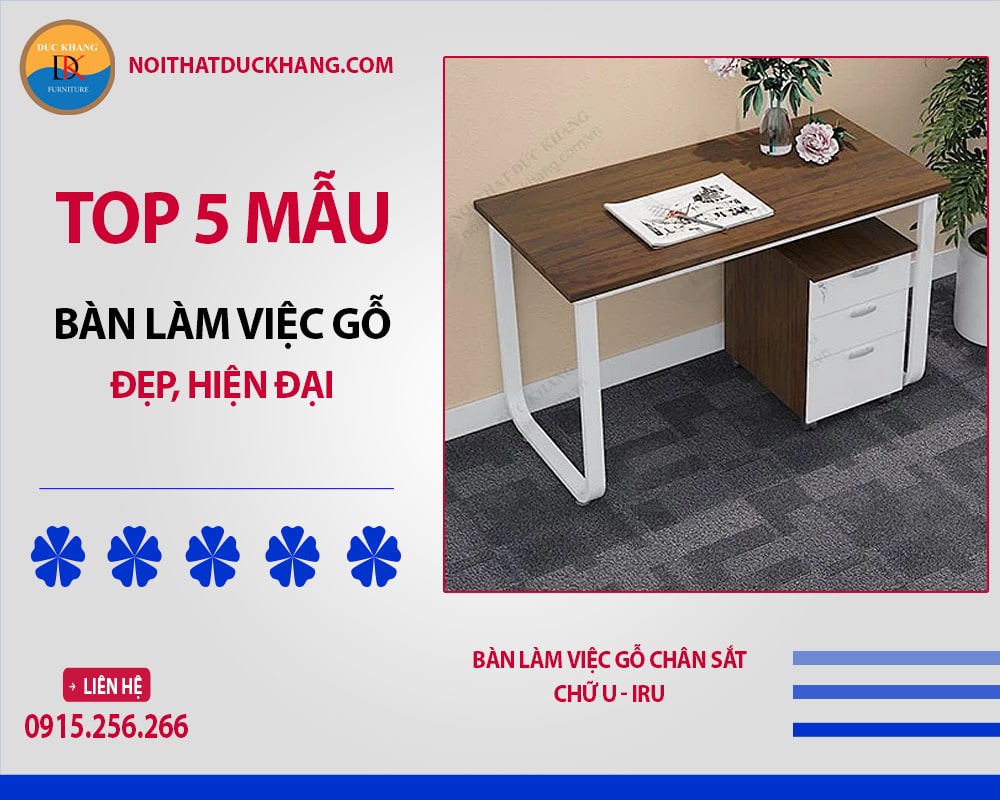 Bàn làm việc gỗ chân sắt chữ U - IRU