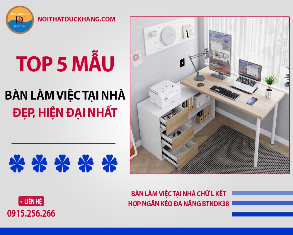 Bàn làm việc tại nhà chữ L kết hợp ngăn kéo đa năng BTNDK38