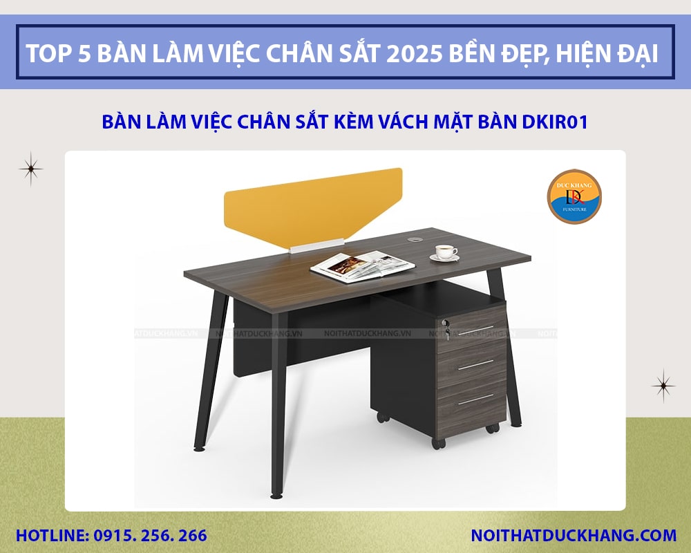 Bàn làm việc chân sắt kèm vách mặt bàn DKIR01