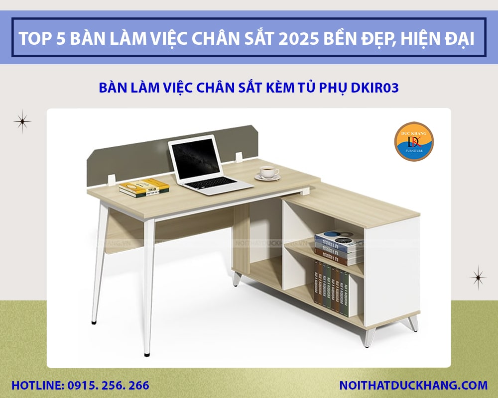Bàn làm việc chân sắt kèm tủ phụ DKIR03