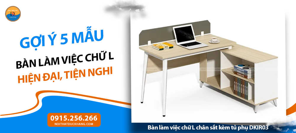 Bàn làm việc chữ L chân sắt kèm tủ phụ DKIR03