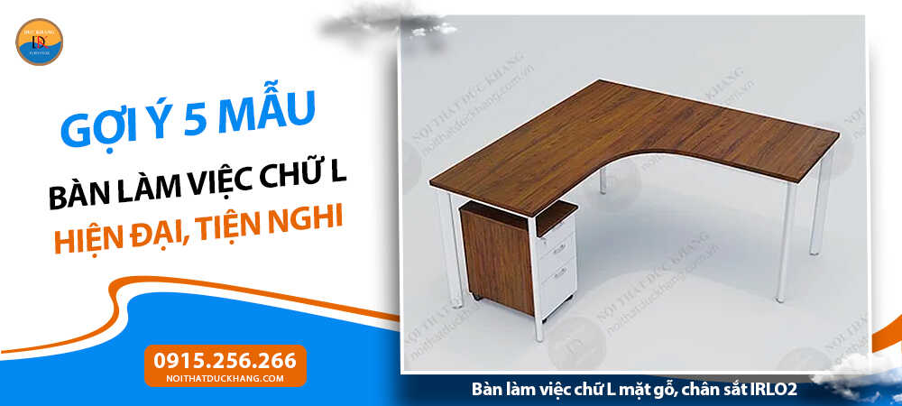 Bàn làm việc chữ L mặt gỗ, chân sắt IRLO2