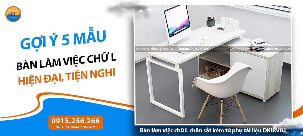 Bàn làm việc chữ L chân sắt kèm tủ phụ tài liệu DKIRV01