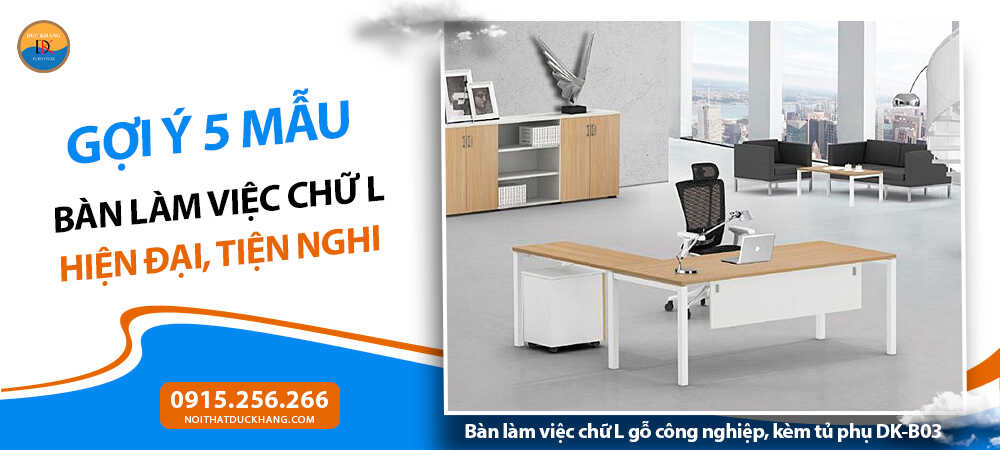 Bàn làm việc chữ L gỗ công nghiệp, kèm tủ phụ DK-B03