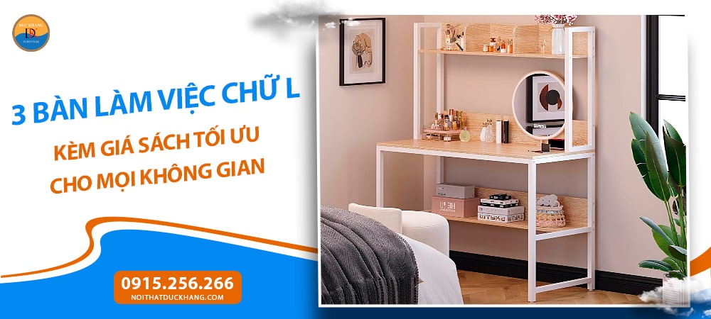 Bàn làm việc chữ L kèm giá sách cho phòng nhỏ - BTNDK54