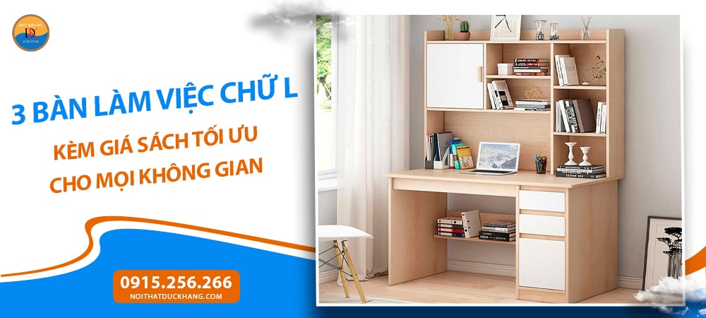 Bàn làm việc chữ L kèm giá sách thiết kế hiện đại, sang trọng - BTNDK41