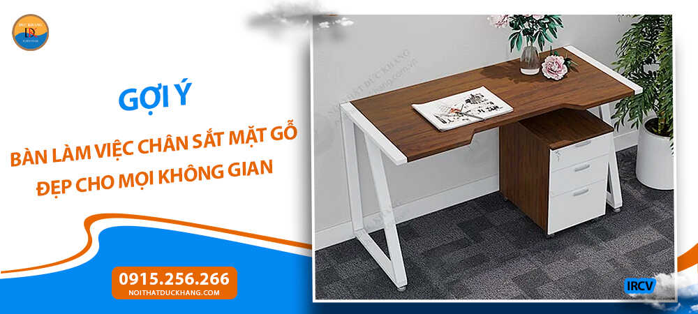 Bàn làm việc chân sắt mặt gỗ kèm hộc tủ di động IRCV
