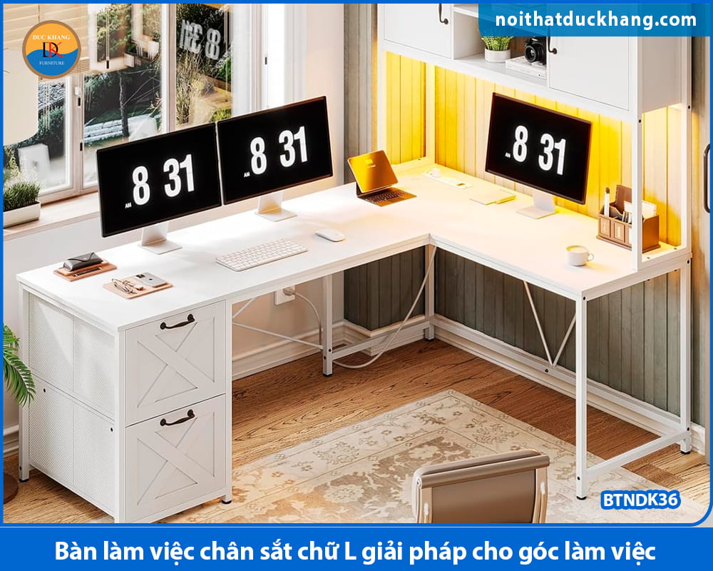 Bàn làm việc chân sắt chữ L giải pháp cho góc làm việc