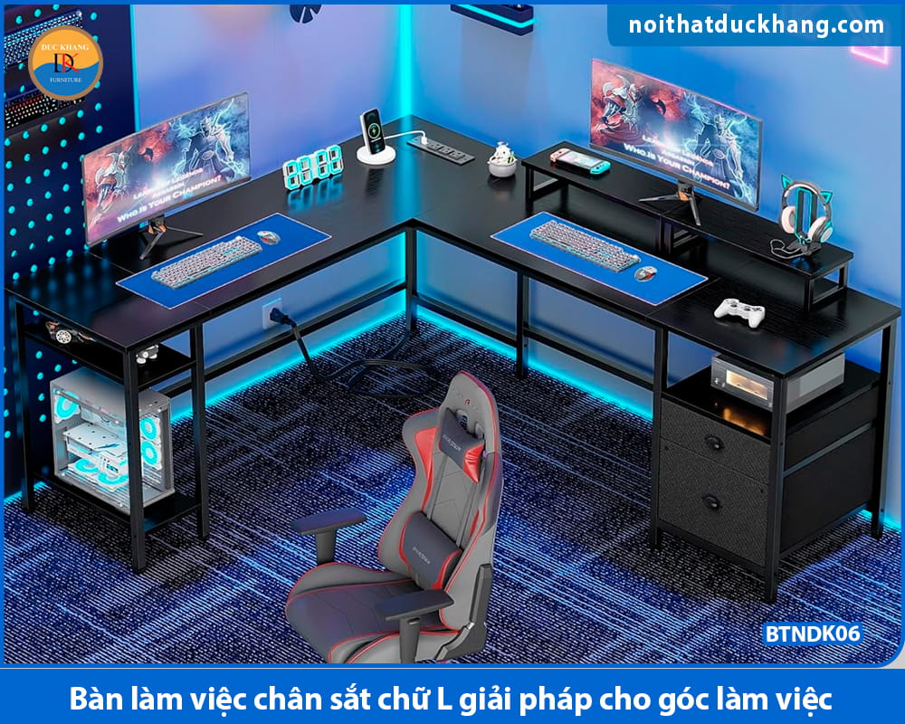 Bàn làm việc chân sắt chữ L giải pháp cho góc làm việc