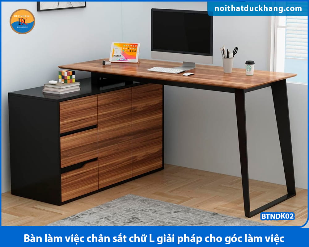 Bàn làm việc chân sắt chữ L giải pháp cho góc làm việc