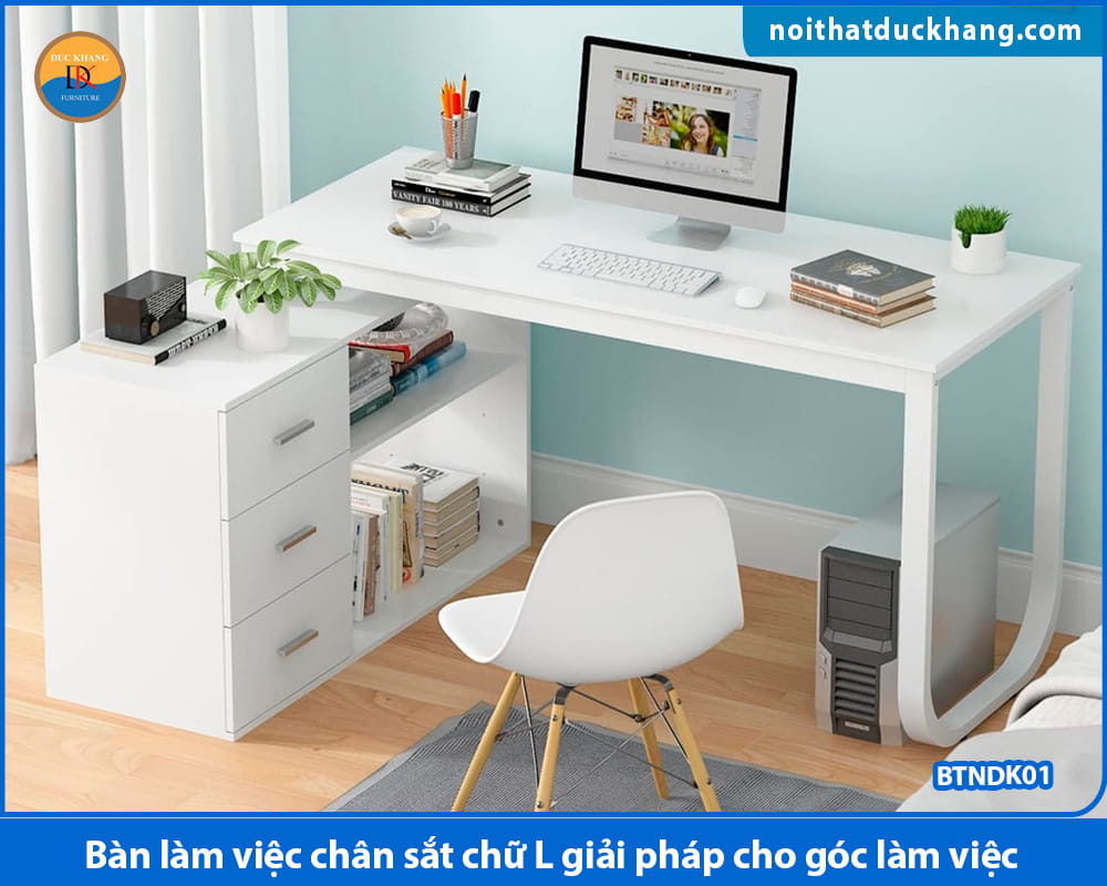 Bàn làm việc chân sắt chữ L giải pháp cho góc làm việc